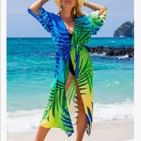 New Vibrant Leaf Print Kimono Cardigan - Picture 2 of 6